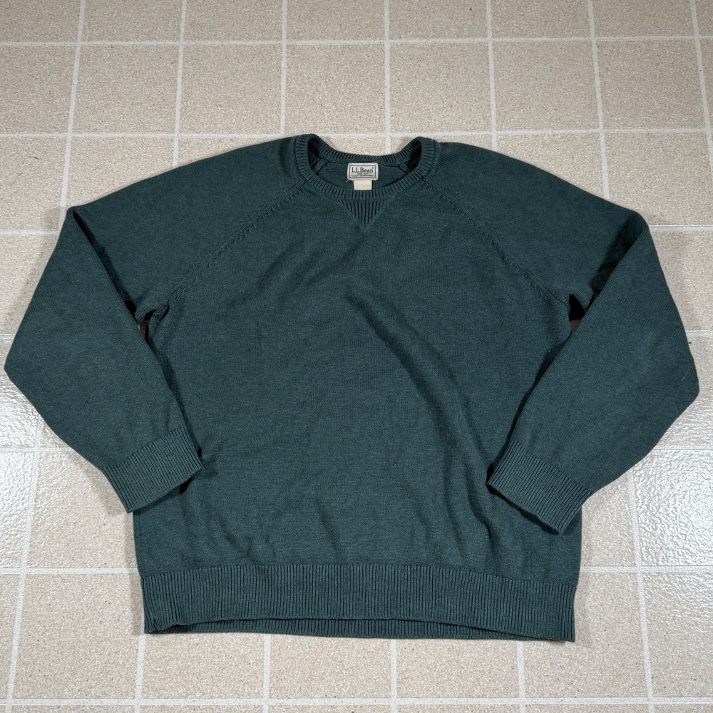 L.L.Bean Men's Crewneck Sweater Large Green Cotton Cashmere Knit Pullover